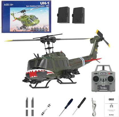 C032 UH-1 Huey RC Helicopter for Adults - 1/48 Scale 2.4G 6CH Flybarless Remote Control Helicopter Model 3D Stunt Flight &amp High-Precision RC Airplane (Shark Mouth(2 Batteries))