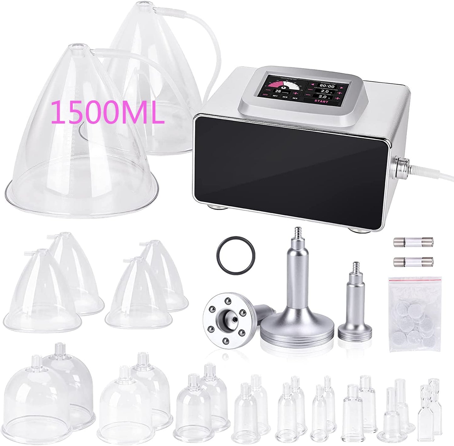 Meifuly Vacuum Therapy Machine with 1500ML Large Cups, Vacuum Cupping Machine, Vacuum Cupping Therapy Sets with 24 Vacuum Cups and 3 Pumps, 0-60 cmHg