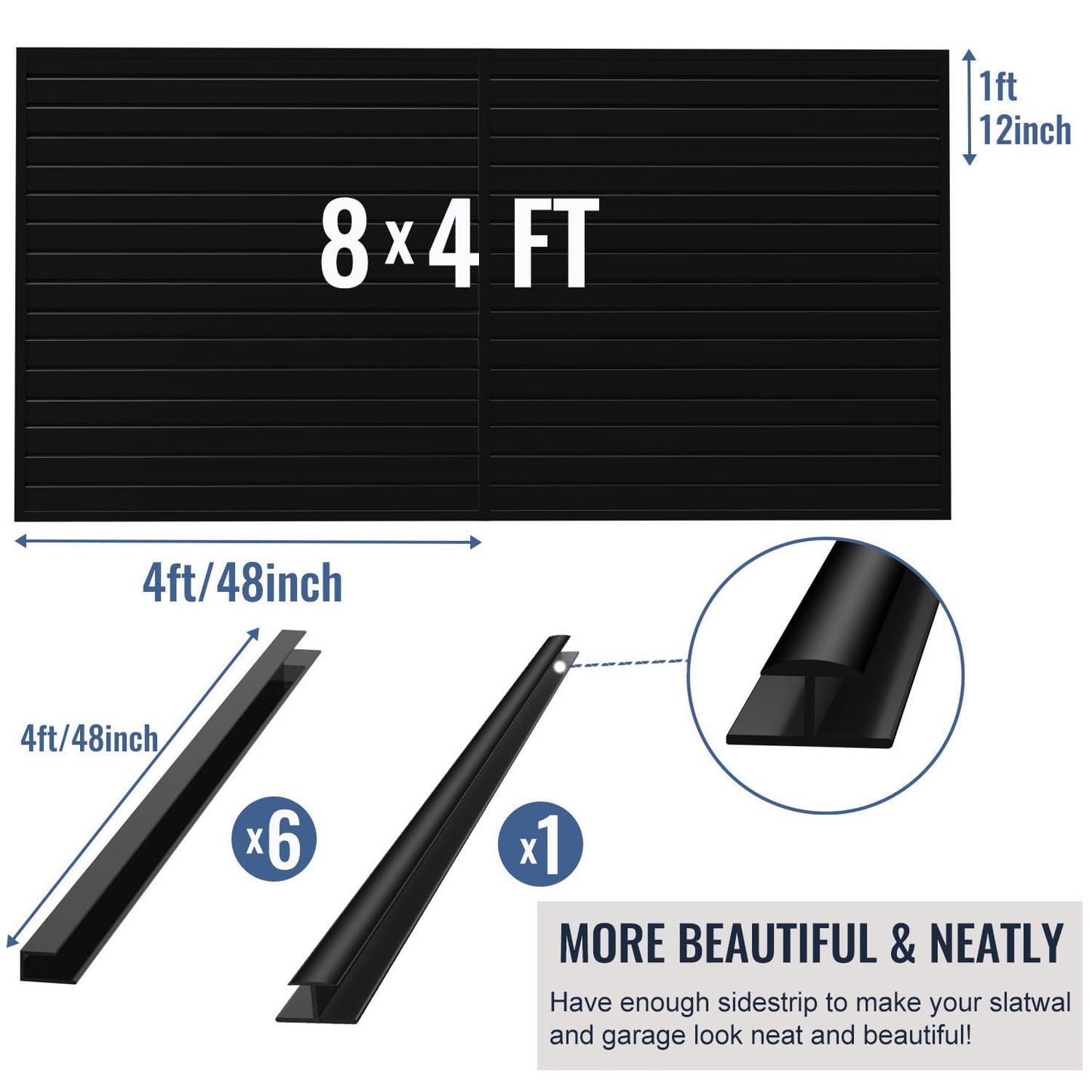 BRITINE Slatwall Panel Garage Organizer PVC Slatwall Heavy Duty Wall Mounted Rack, Interlocking Slat Wall Panels for Tool Organization Peg Board (Black 4 x 8 ft)