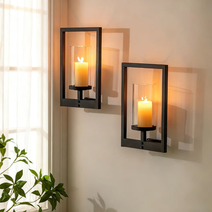 Walasis Black Candle Sconces Wall Decor: Set of 2 Wall Candle Holder with Hurricane for Living Room Hallway - Wall Mounted Minimalism Decorations Metal Morden Style Frame for Home