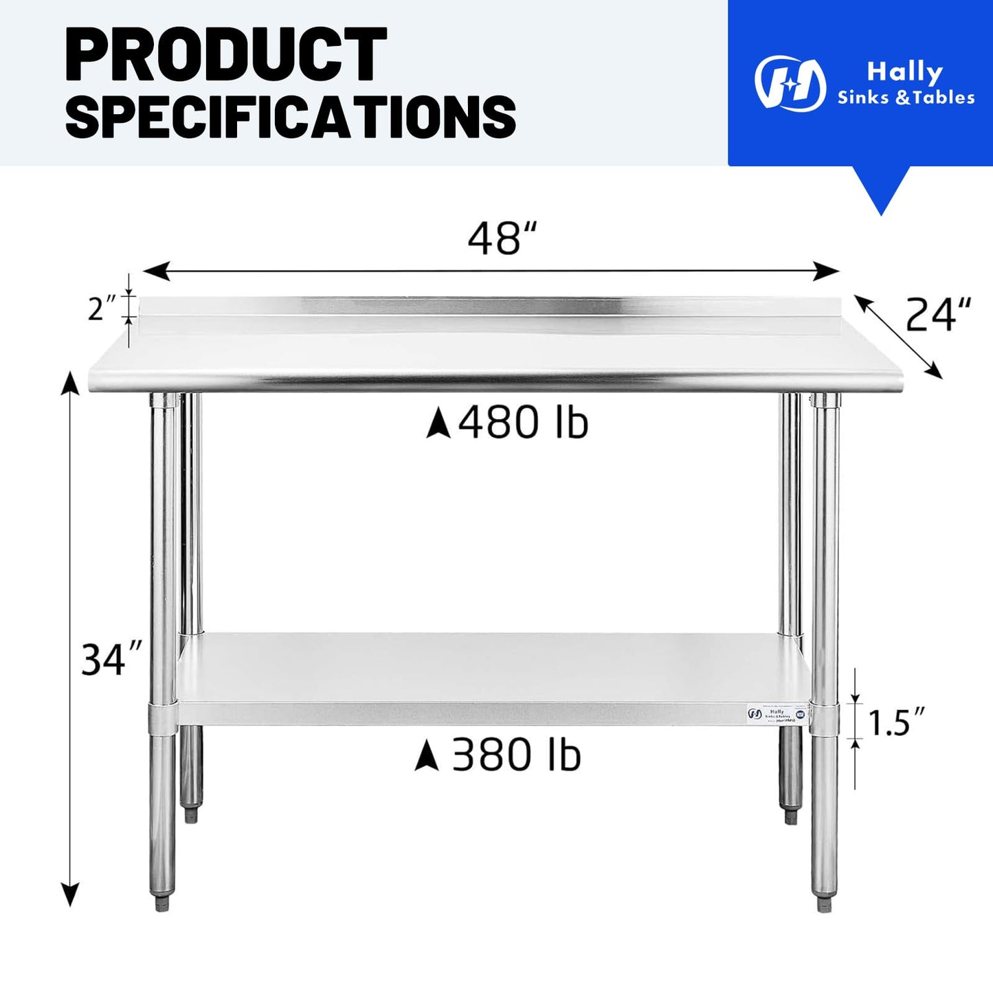 Hally Stainless Steel Table for Prep & Work 24 x 48 Inches, NSF Commercial Heavy Duty Table with Undershelf and Backsplash for Restaurant, Home and Hotel
