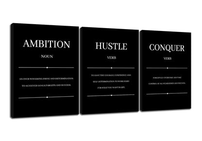 Ambition Hustle Conquer Motivational Canvas Wall Art Inspirational Entrepreneur Quotes Posters Prints Work for Modern Bedroom Office Gym Wall Decoration Ready to Hang [36''W x 16''H]
