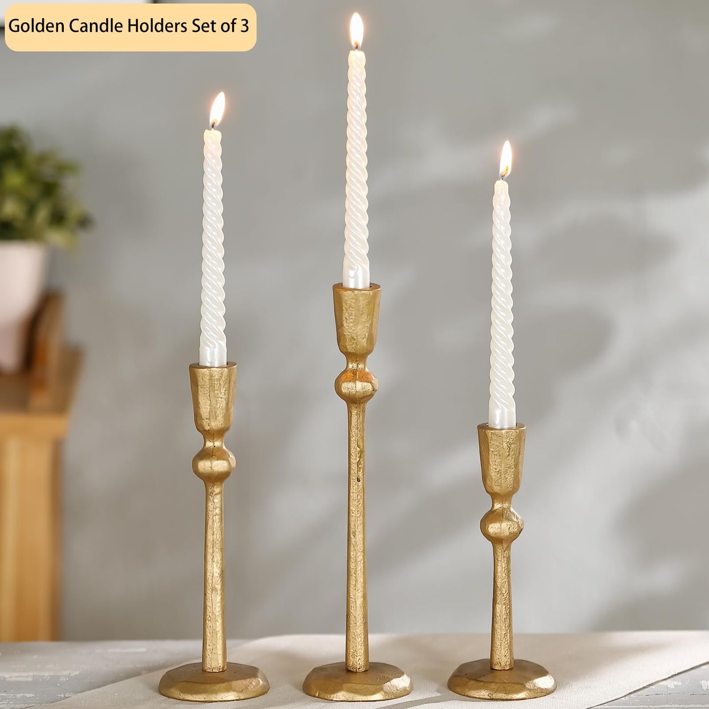 Wenbery Gold Taper Candle Holders Set of 3, Heavy Candlestick Holders Decorative Candle Stand for Table Centerpiece, Cast Iron Candle Stick Holder Decor