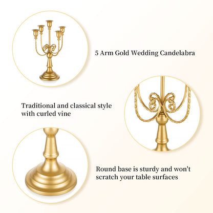 Romadedi Candelabra Gold Candle Holders - 5 Arm 11.8" Wedding Candlestick Holder for Theme Party Table Centerpiece Decor Dining Room Birthday Holiday Christmas, Set of 2