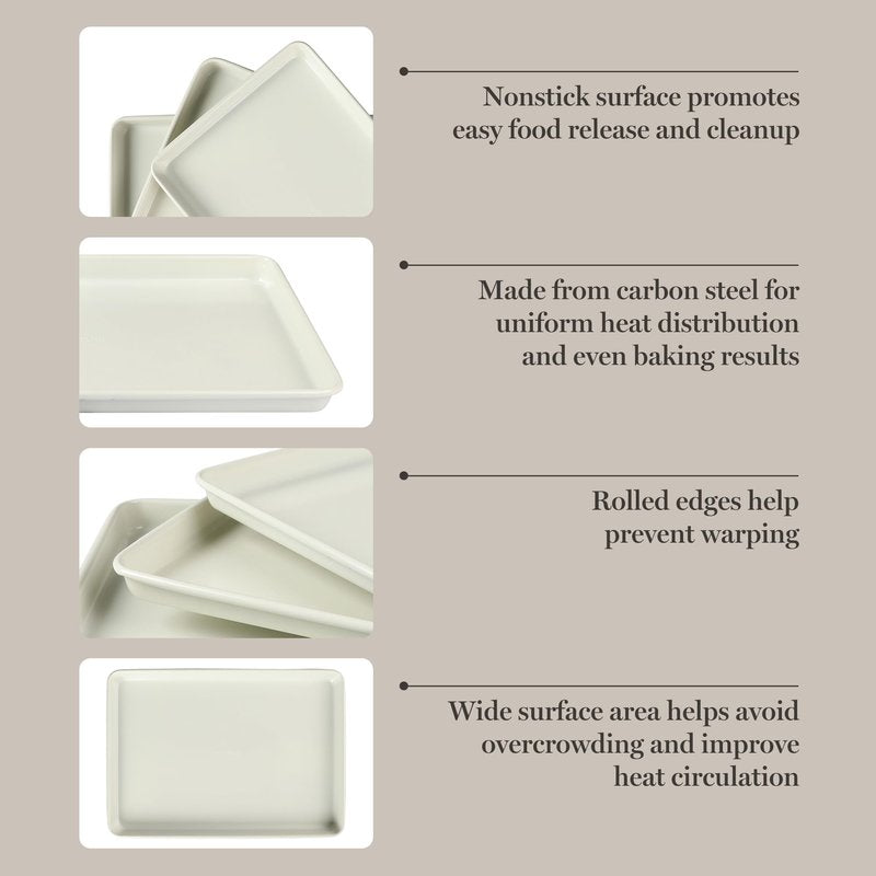 Martha Stewart Gallen 3-Piece Cookie Sheet Set – 13", 15", 17" Baking Pans, Ceramic Nonstick, PFA-Free, Carbon Steel – Oven Safe to 450°F, Warp-Resistant, Easy to Clean - Linen White