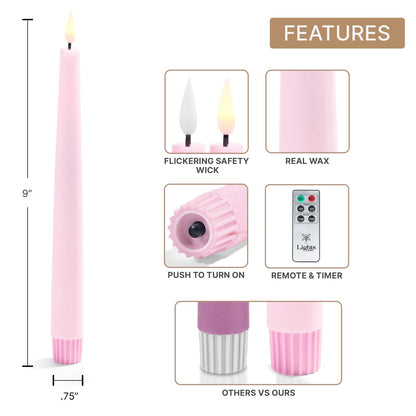 LampLust Flameless Taper Candles with Remote, 9 Inch, 4 Pack Pastel Pink Candlesticks, LED Flickering Flameless Candles for Baby Shower Gender Reveal, Summer Table Decor & Party Decorations