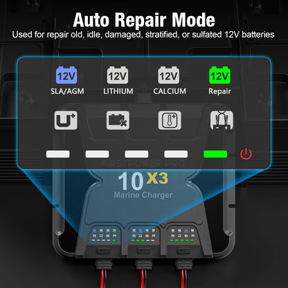 Upgraded 3 Bank Marine Battery Charger 10X3, 30A (10A/Bank) - 12V Waterproof Onboard Battery Charger, Battery Maintainer & Desulfator for SLA/AGM, Lithium (LiFePO4), Calcium & Deep-Cycle Battery