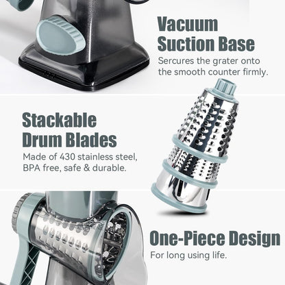 KEOUKE Rotary Cheese Grater Hand Crank Transparent - Shredder Slicer Grinder 3 Stainless Steel Blades, Stable Suction, Labor-Saving Handle, Safe Kitchen Tool for Cheese, Vegetable, Nuts, Chocolate