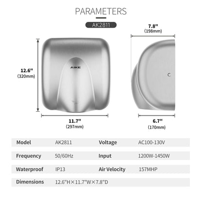 AIKE Heavy Duty Hand Dryer Hard-Wired Friendly 110V High Speed Brushed Stainless Finish Model AK2811