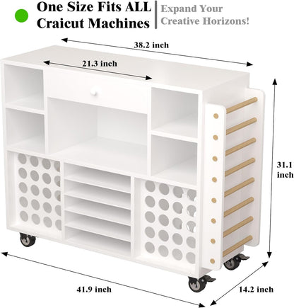 Craft organization and storage Cart Compatible with Cricut Machine, Rolling Craft Organizer With large drawer & 48 Vinyl Roll Holder, Crafting Cabinet Table Workstation for Craft Room Home