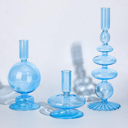 Rtteri 3 Pcs Glass Candlestick Holders Glass Candle Holders Groovy Wavy Elegant Taper Candle Stick for Wedding Home Birthday Party Easter St Patricks Day Decoration Windowsill Decor(Light Blue)