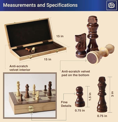 Wooden Chess Set for Adults and Kids 15 Portable Chess Board Set with Chess Pieces &amp Drawstring Bag