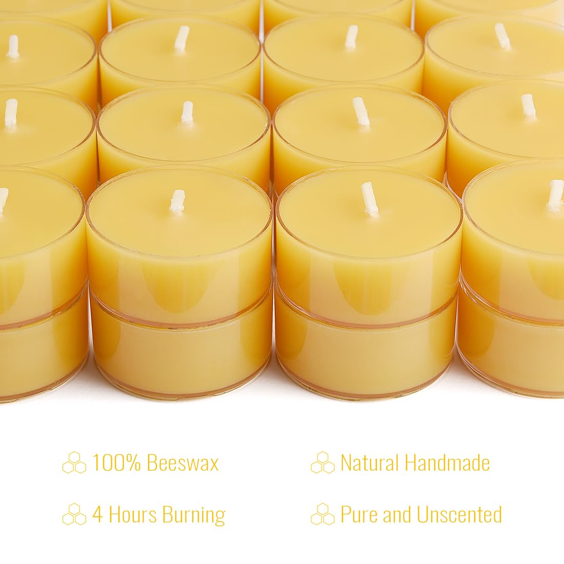 JONERAY 32 Packs Pure Beeswax Tealight Candles Bulk - Clear Cup, Natural Handmade Tea Candles for Dinner Table (Yellow)