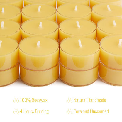JONERAY 32 Packs Pure Beeswax Tealight Candles Bulk - Clear Cup, Natural Handmade Tea Candles for Dinner Table (Yellow)