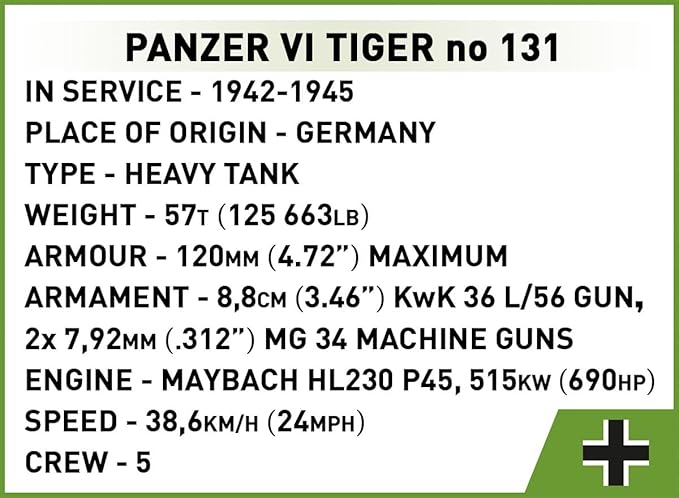 COBI The Tank Museum Historical Collection WWII Panzer VI Tiger I no. 131 Tank Building Set 898 Pieces