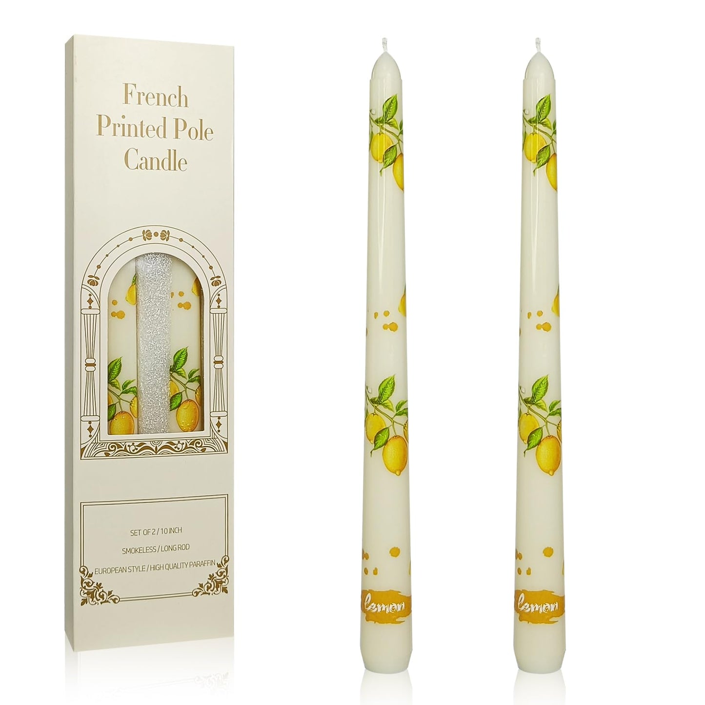 Floral Taper Candles 10 Inch Tall Unscented Handmade Beige Lemon Print Long Burning Elegant Candlesticks for Wedding Dinner Home Decor