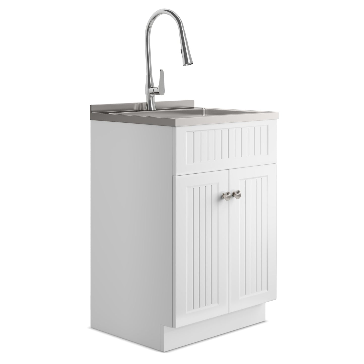 SIMPLIHOME Beckham All-in-One 24 inch Wide Utility Sink and Laundry Cabinet in Pure White Finish, Transitional Stainless Steel Sink Cabinet for Laundry Rooms with High-Arch Brushed Nickel Faucet