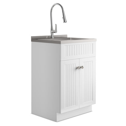 SIMPLIHOME Beckham All-in-One 24 inch Wide Utility Sink and Laundry Cabinet in Pure White Finish, Transitional Stainless Steel Sink Cabinet for Laundry Rooms with High-Arch Brushed Nickel Faucet