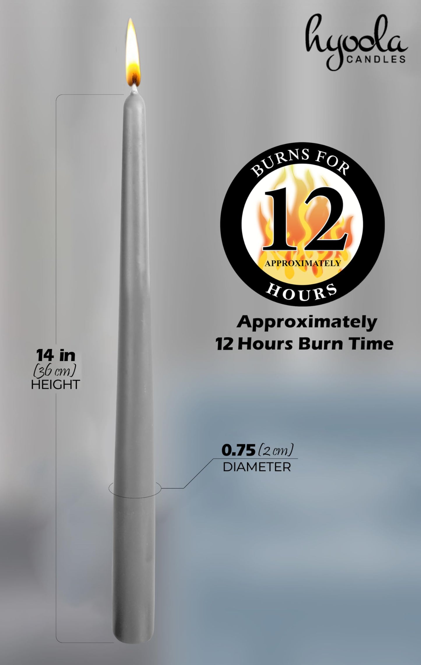 Hyoola Tall Taper Candles - 14 Inch Dark Grey Dripless, Unscented Dinner Candle - Paraffin Wax with Cotton Wicks - 12 Hour Burn Time (Pack of 12)