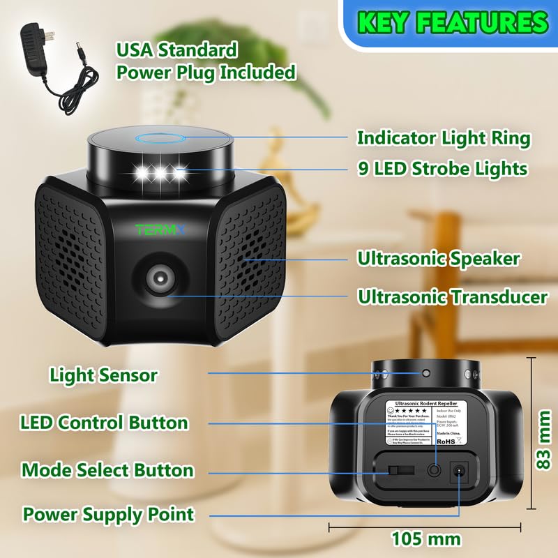 TERMX Rat Repellent for House Best Thing to Get Rid of Mice with 4 Modes Attic Rodent Deterrent Looking The Best Ultrasonic Pest Repeller Indoor No Touch Solution for House Garage Warehouse RV etc