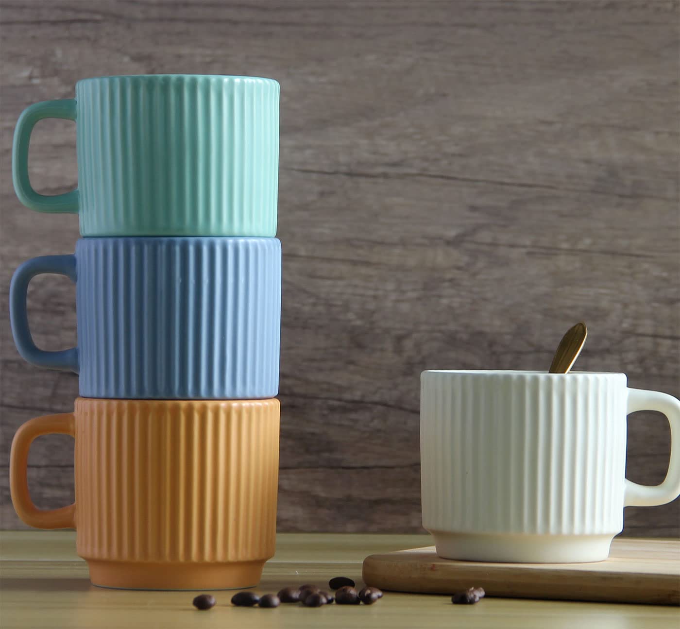 SHOWFULL Stackable Coffee Mugs Set of 4, 7 OZ Ceramics Espresso Cups for Latte Cappuccino Cocoa with Handle, Colorful