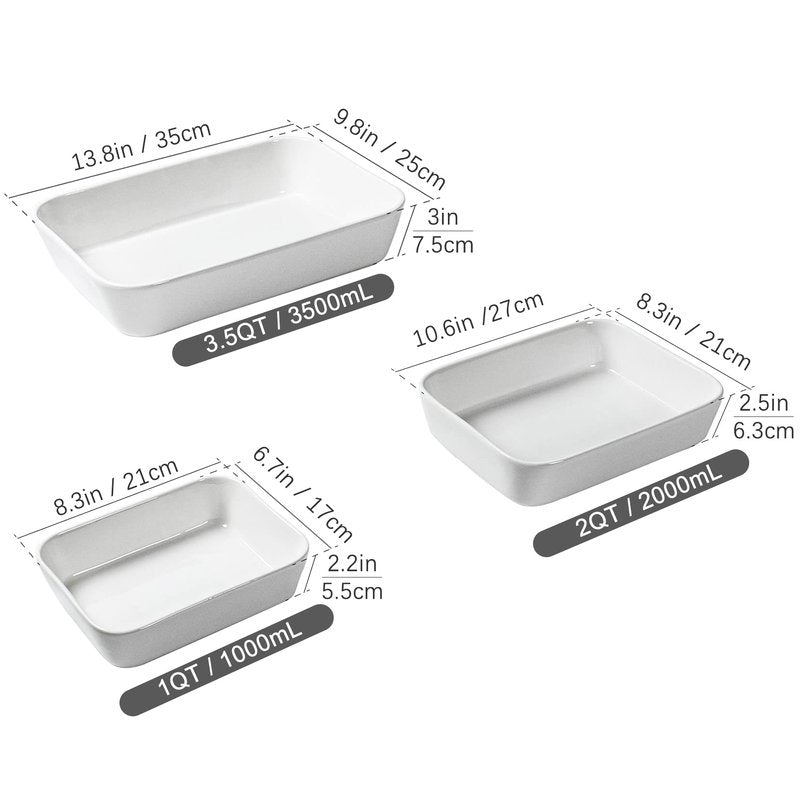 UNICASA Ceramic Oven Dishes, Set of 3 Lasagne Dishes 1000/2000/3500 ML, Rectangular Casserole Dishes, Non-Stick Reactive Glaze, White Casserole Oven