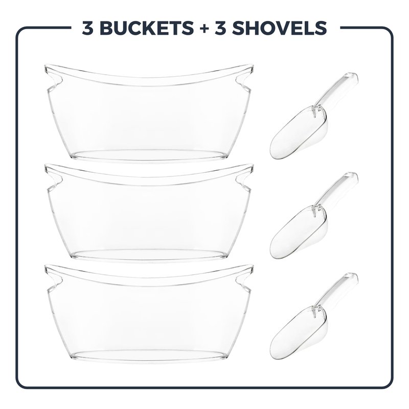 Clear Ice Buckets for Parties 3 Pack, 5.5L Clear Beverage Tub w/Handles & Scoops, Drink Buckets for Parties, Acrylic Beverage Tub, Mimosa Bar Supplies for Sparkling Wine Champagne Beer Drinks