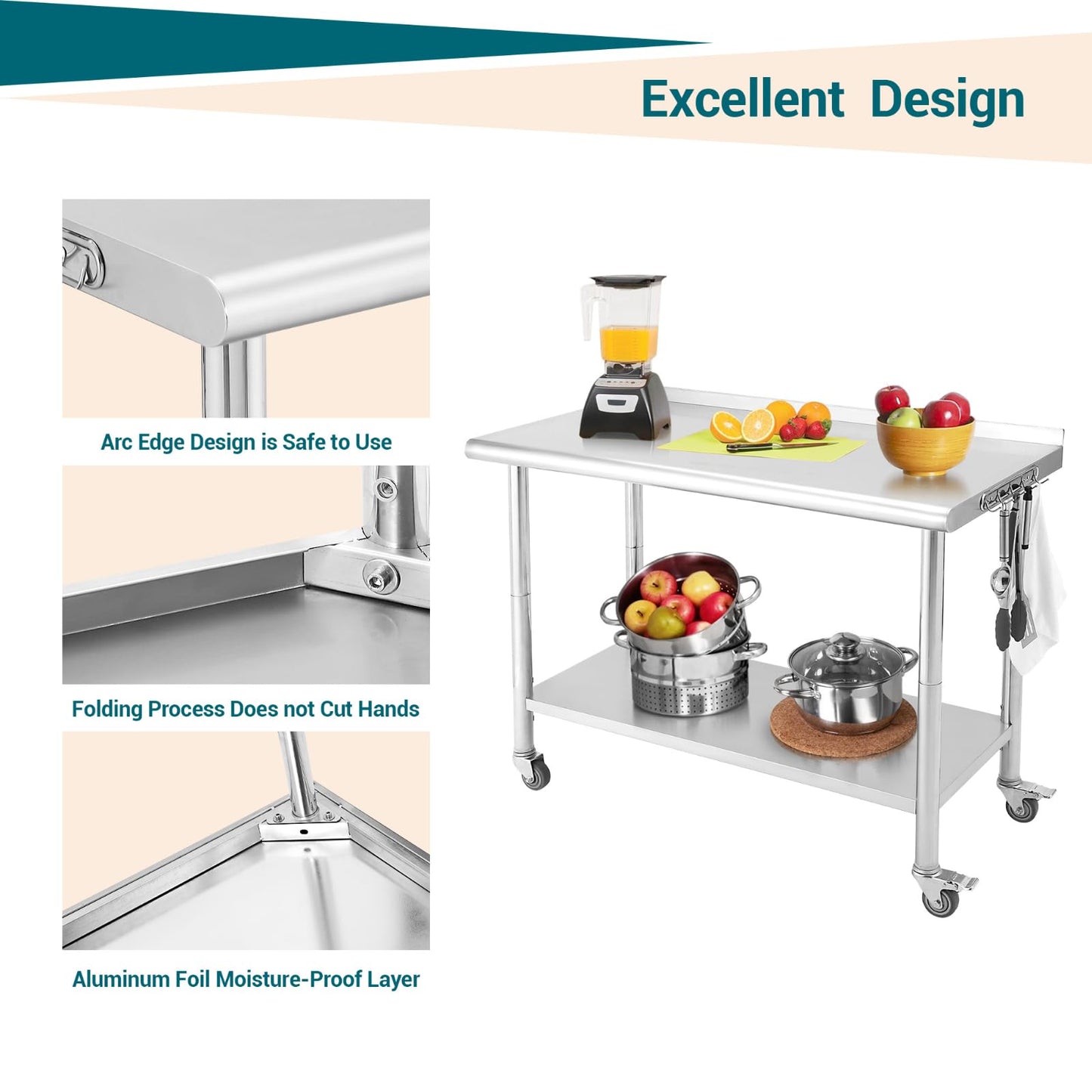 MilleLoom Stainless Steel Work Table with Wheels - 36"x24" Commercial Food Prep Table with Removable Trash Rack & Adjustable Undershelf, Heavy Duty Metal Worktable for Restaurant, Kitchen, Home