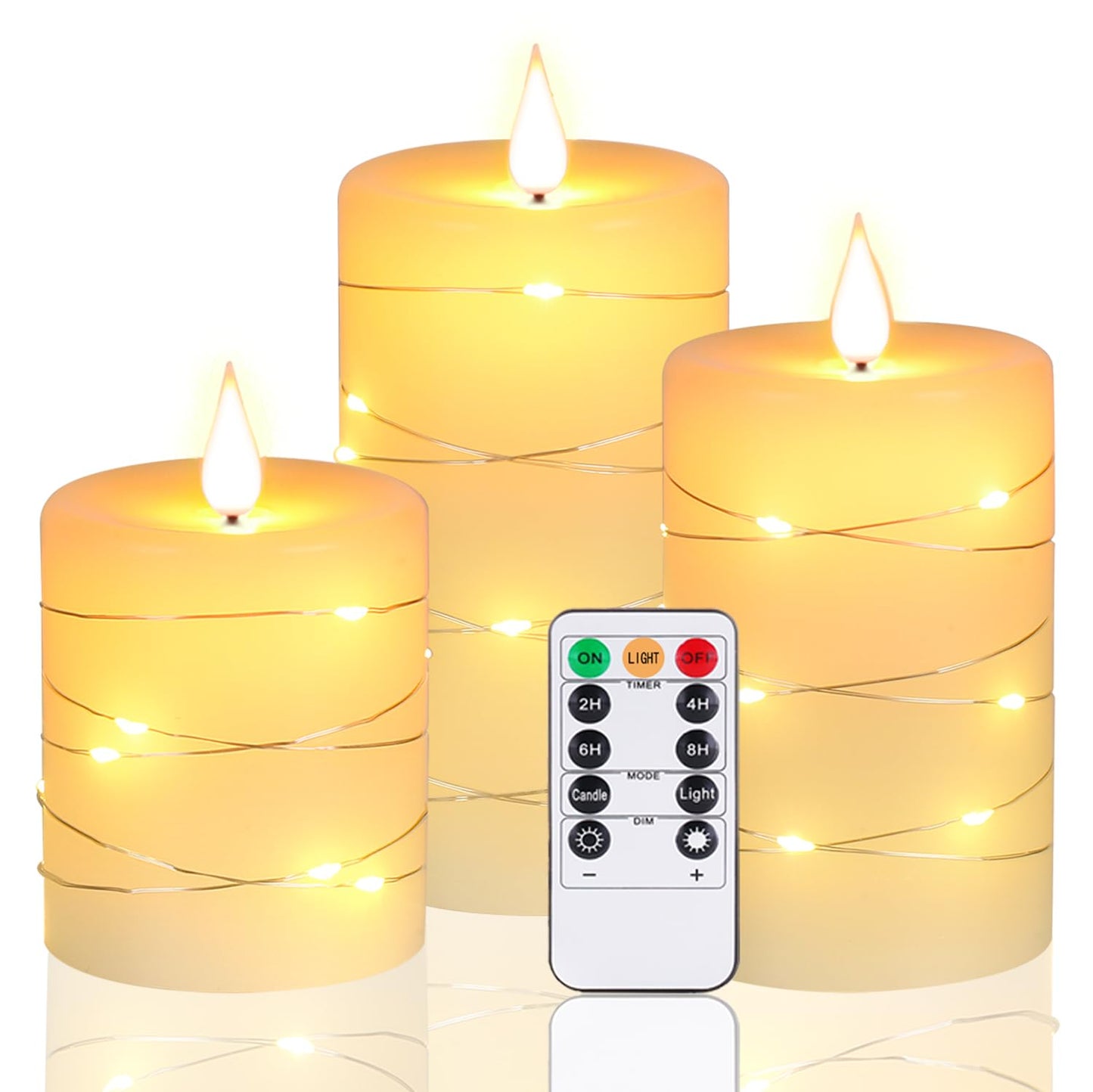 Upinmz Flickering Flameless Candles with Embedded String Lights, Battery Operated Candles with Remote Control and Timer,LED Candles for Home Decoration,Real Wax,3 Pack Ivory