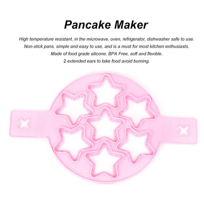 2PCS Pancake Maker Mold, 7 Cavity Star/Heart Shape Nonstick Reusable Silicone Egg Mold Ring with Handle Kitchen Cooking Baking Tools for Muffin Fried Egg Burger