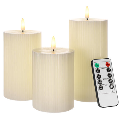 ANGELLOONG Ribbed Flameless Pillar Candles with Remote, Set of 3 Ivory Real Wax LED Candles Battery Operated with 2/4/6/8H Timer for Home Decor, Bathroom, Living Room