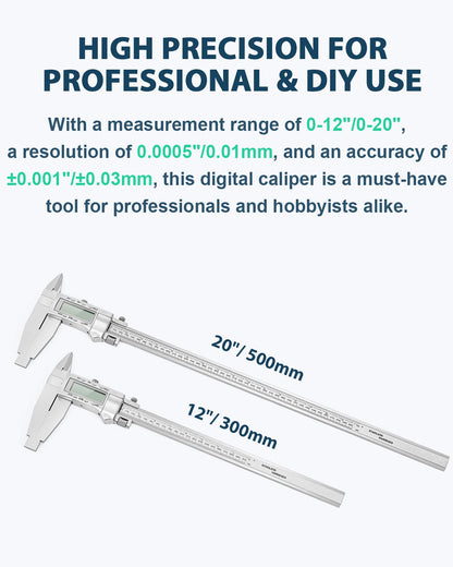 Mxmoonfree 20-Inch Digital Caliper with 4-Inch Jaw Depth, Precision Measuring Tool, Full Metal Frame, Large LCD Screen, Resolution 0.0005"/0.01mm, Ideal for Professionals & Hobbyists