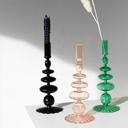 LKXHarleya Glass Candlesticks Holders, Retro Glass Candle Holder for Taper Candle Table Centerpiece Wedding Party Home Decoration, Black