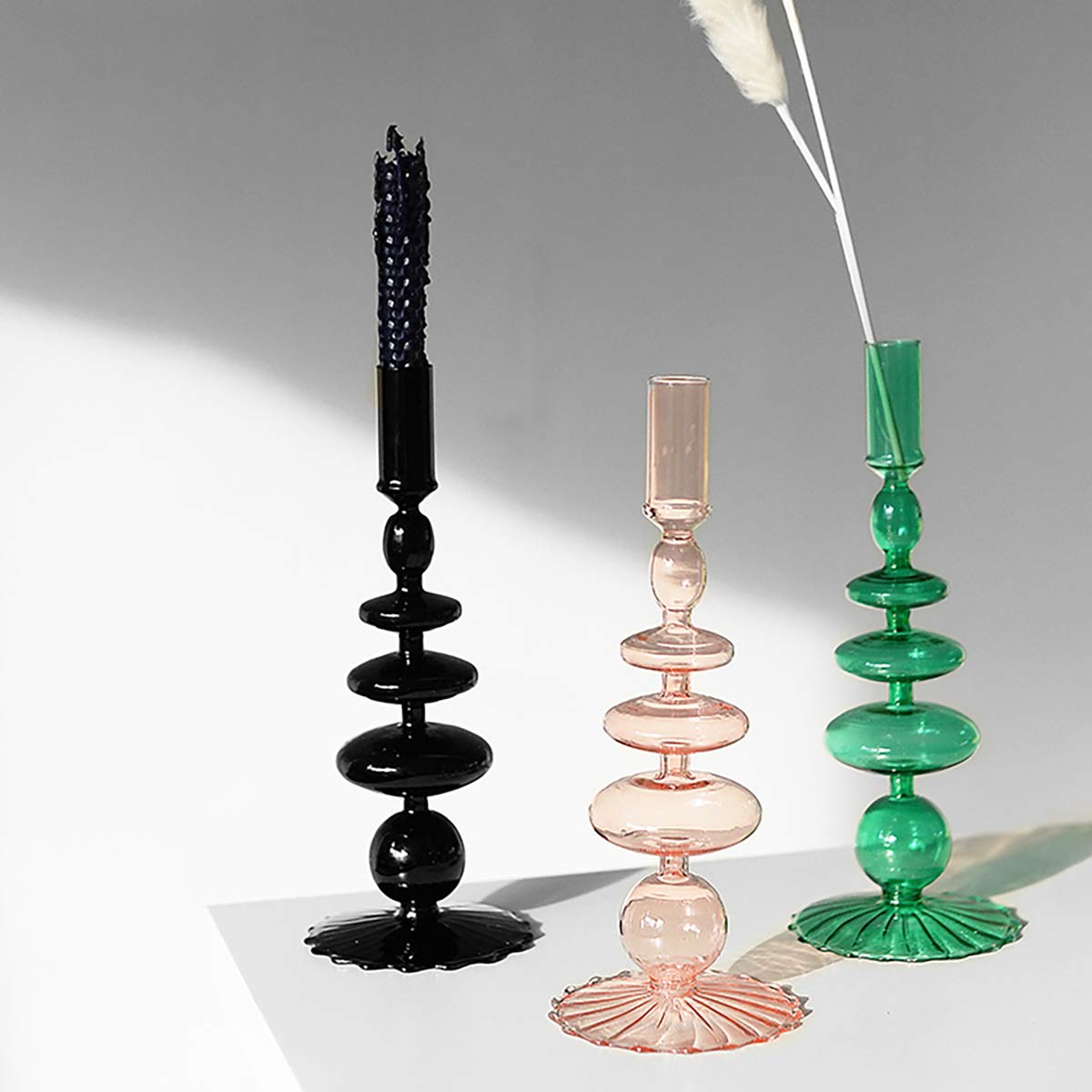 LKXHarleya Glass Candlesticks Holders, Retro Glass Candle Holder for Taper Candle Table Centerpiece Wedding Party Home Decoration, Green