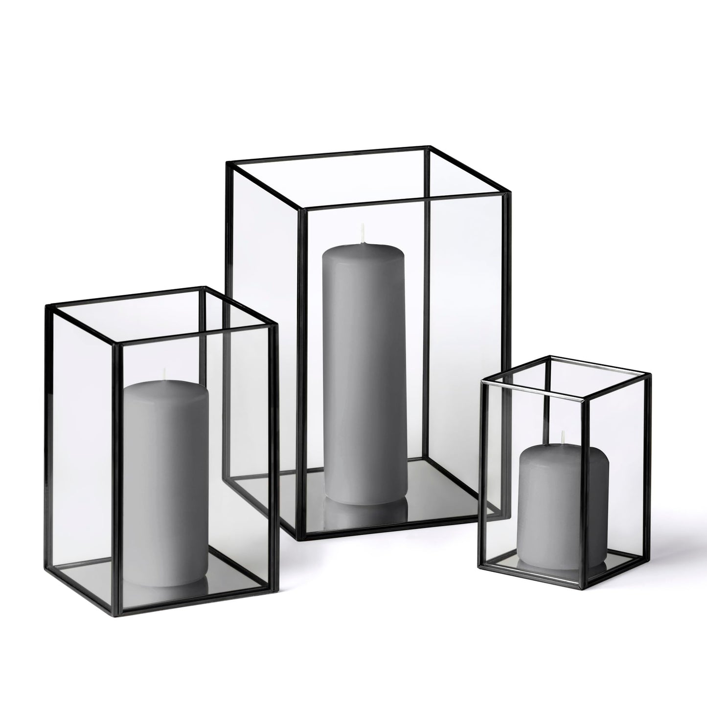 Yummi Set of 36 Slim Pillar Candles & Black Luxus Lanterns - Gray
