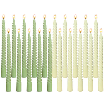 10 Pack Ivory and 10 Pack Sage Green Spiral Taper Candles for Home Decor, 10 Inch Unscented Dripless Twisted Candlesticks for Weddings Dinner Holiday Decoration Formal Events