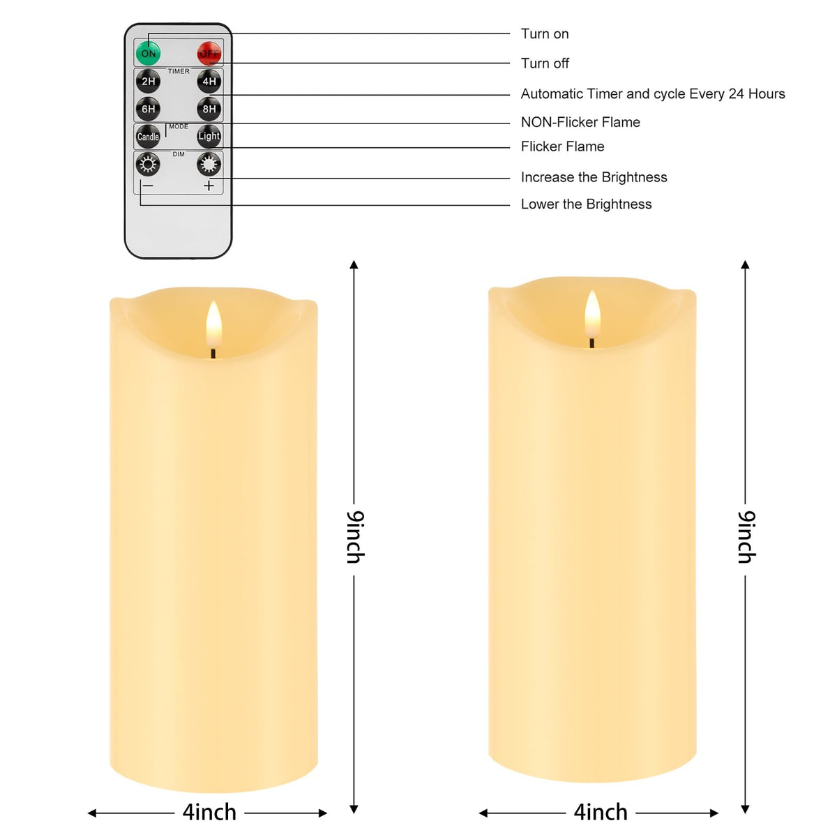 Mingfuxin Outdoor Flameless Candles with Remote - 9“×4” Large Waterproof Battery Operated Candles with Timer, Flickering LED Pillar Candle for Indoor Outdoor Larterns, Porch, Long Lasting, Set of 2