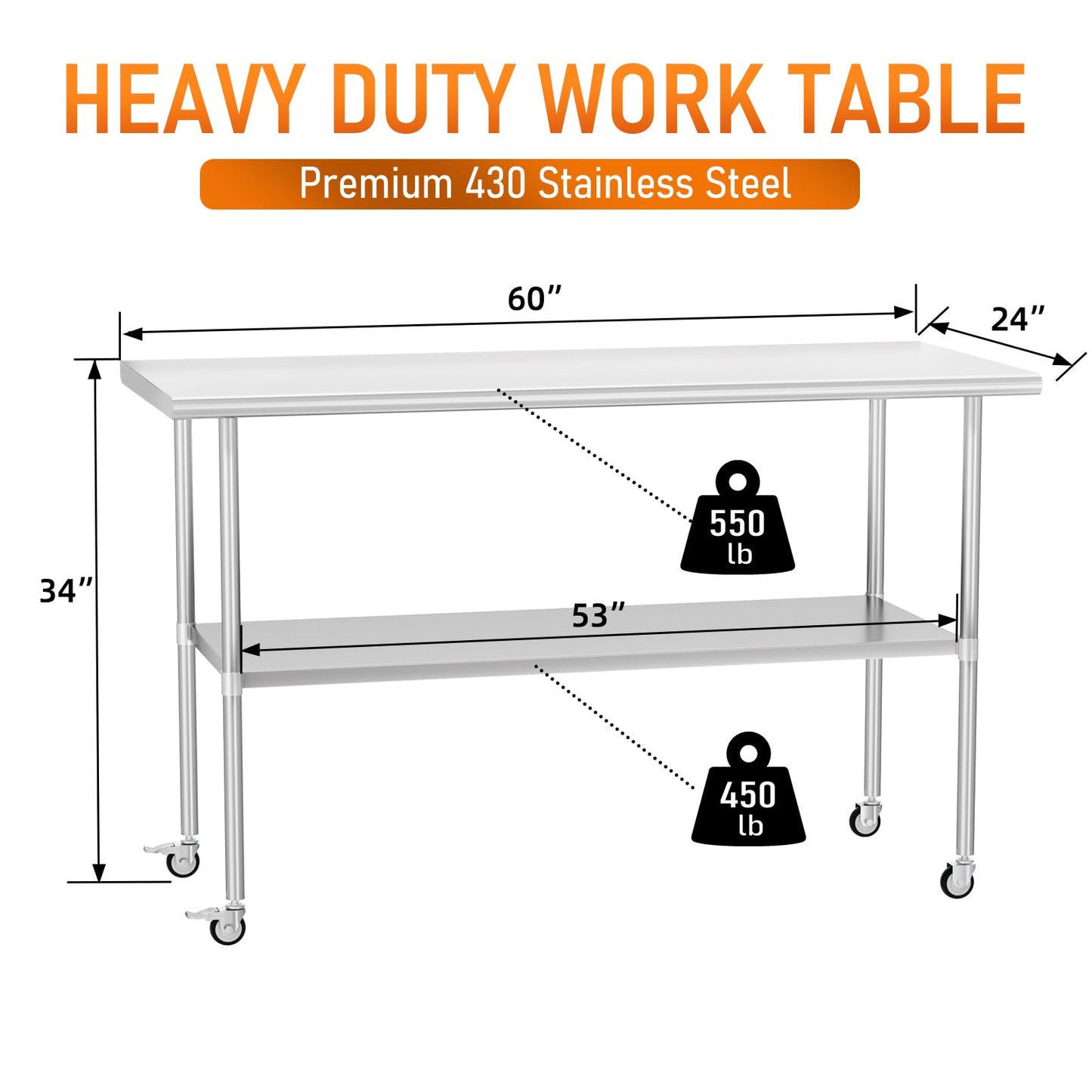 HOCCOT Stainless Steel Table with Wheels 24" x 60" Utility Worktable with Adjustable Undershelf for Commercial Kitchen, Garage, Restaurant