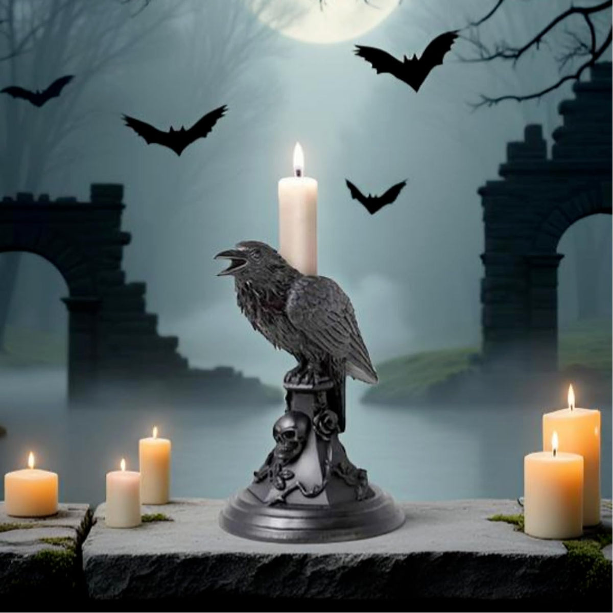 Gothic Black Cat Candle Holder Statue,Resin Cat Candlestick Holder,Halloween Gothic Tabletop Decor for Home,Dining Table & Party,Witchy Cat Figurine Gift (Crow)