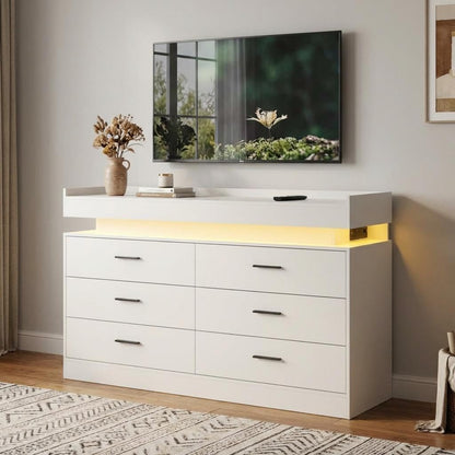 PeacefulHues TV Stand Cabinet with LED Lights & Charging Station, Coffee Bar Cabinet Floating Countertop, Modern Sideboard Buffet 6 Drawers for Home, Living Room, White