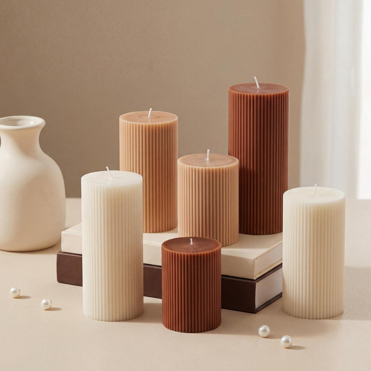 Lyrow 6 Pcs Ribbed Pillar Home Decorative Candles Aesthetic Modern Home Decor Soy Wax Unscented Pillar Candles Width 3" High 4" 6" 8" for Bathroom Living Room Wedding Dinner Party(Brown)