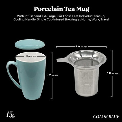 Furmaware PorcelainTea Mug, 15oz Ceramic Tea Infuser Cup with Cooling Handle & Strainer, Microwave and Dishwasher safe Steeping Cup for Tea lovers, Christmas, Birthday and Mother’s Day (Turquoise)