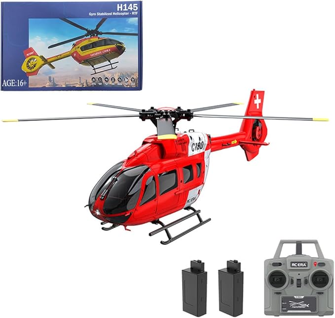 C190 Remote Control Helicopter for Adults 1:30 Scale H145 RC Helicopter 2.4G 6CH Single Propeller Aileron Free Optical Flow Positioning Six-axis Gyroscope Stabilization (Red White(2 Batteries))