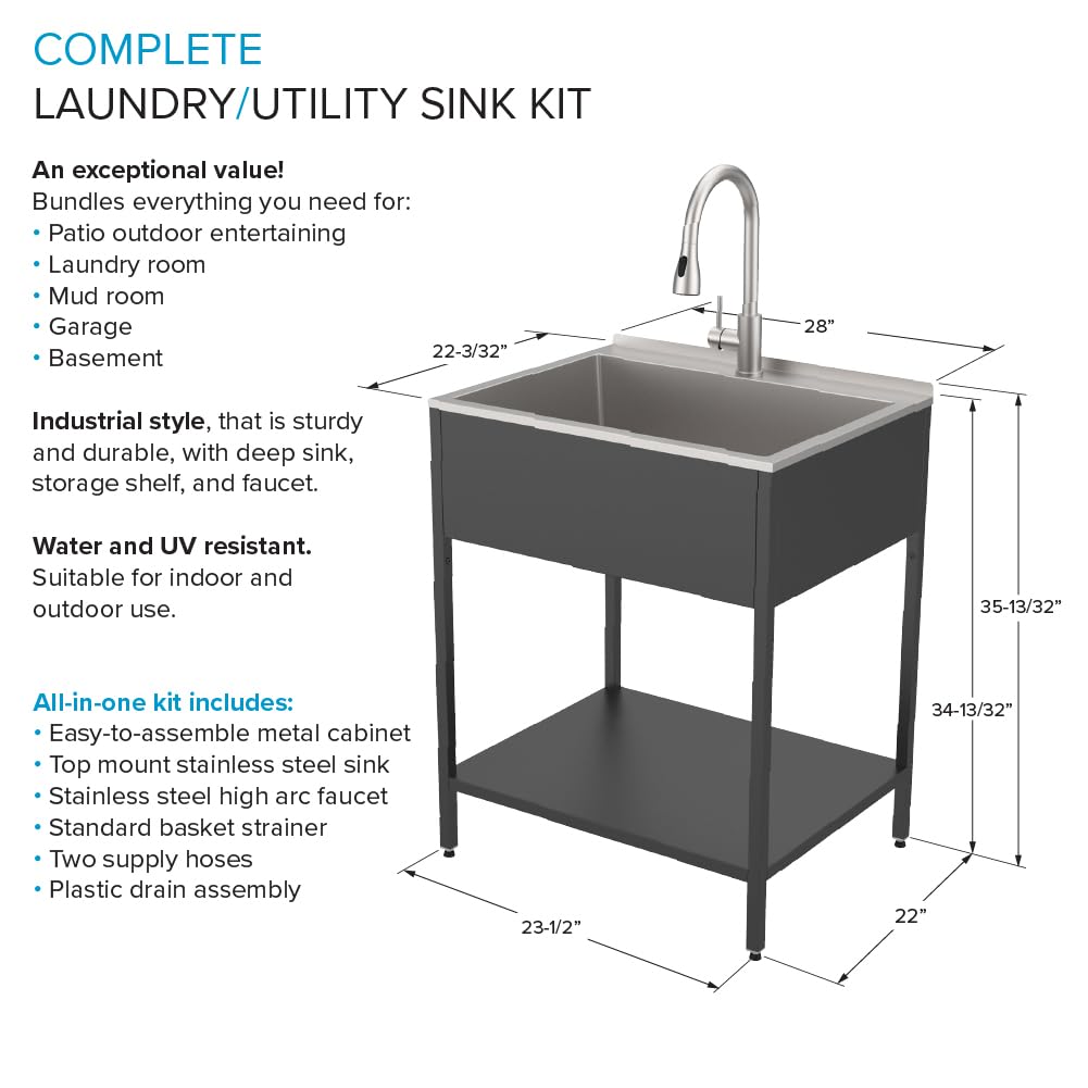 Transolid Freestanding Laundry Utility Sink with Washstand and Pull-Down Faucet, Heavy-Duty 18-Gauge Stainless, 28-Inch 18-Gallon Deep Basin, Matte Black (EWS-2822S-MB)