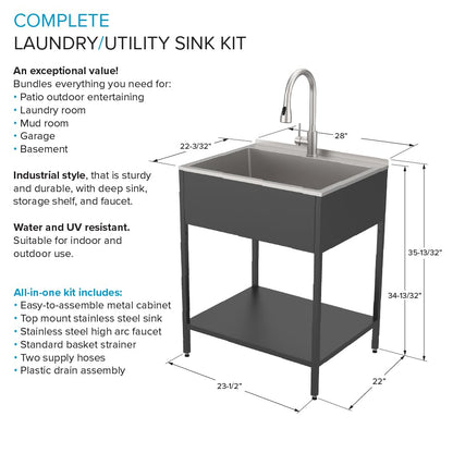 Transolid Freestanding Laundry Utility Sink with Washstand and Pull-Down Faucet, Heavy-Duty 18-Gauge Stainless, 28-Inch 18-Gallon Deep Basin, Matte Black (EWS-2822S-MB)