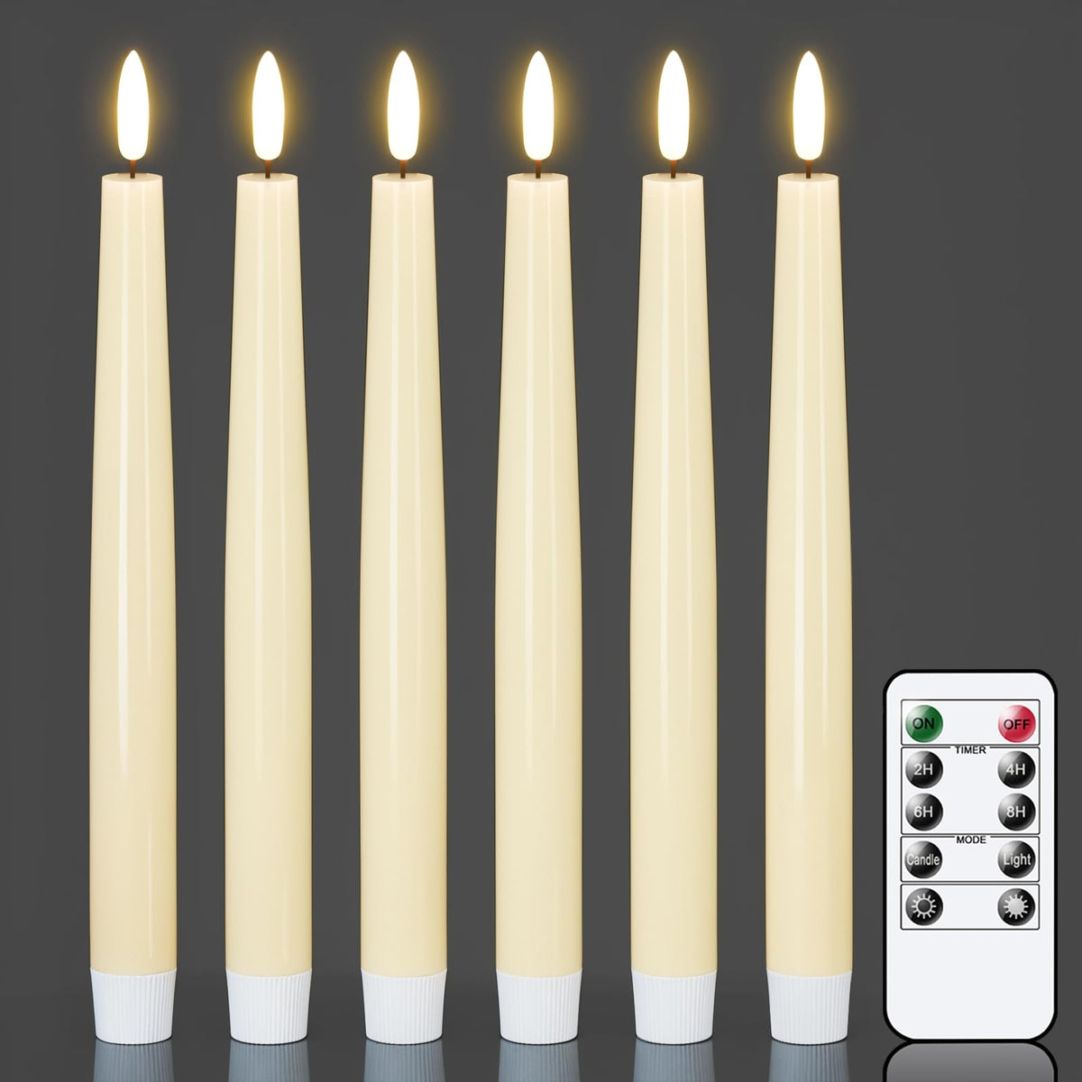 GenSwin Flameless Taper Candles with Remote, Ivory LED Taper Candles Battery Operated, Real Wax Flameless Candlesticks with 3D Wick for Home Halloween Christmas Decor(Set of 6, 0.78” x 9.84”)