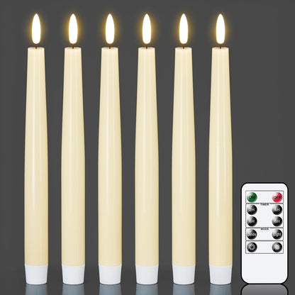GenSwin Flameless Taper Candles with Remote, Ivory LED Taper Candles Battery Operated, Real Wax Flameless Candlesticks with 3D Wick for Home Halloween Christmas Decor(Set of 6, 0.78” x 9.84”)