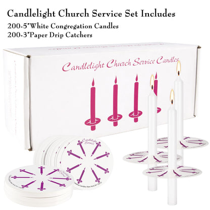Wfmolcand 200 White Taper Candles with Drip Protectors Smokeless and Unscented 4.7'' H X 0.47'' D- Handheld Drip Guard,Church for Prayers, Vigil,Memorial Services, Religion,Shabbat, Prayer Candles