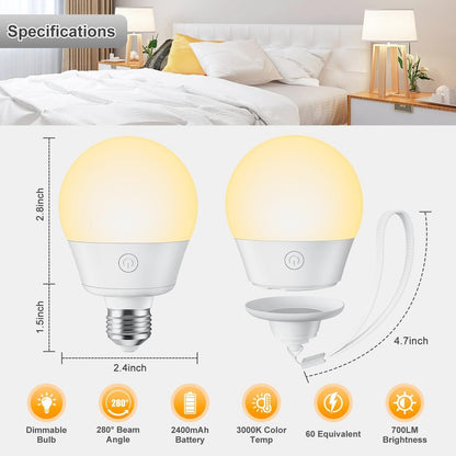 Brightown E26 Rechargeable Light Bulb with Remote and Timer, Battery Backup Bulb for Sconces and Lamps, E26 Detachable Charging for Non-Hardwired Fixture, 3 Color Temperatures + 9 RGB Colors, 4 Pack