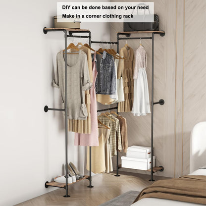 KaKaBB Industrial Pipe Clothing Rack, Wall Mounted Clothing Rack for Hanging Clothes, Adjustable L Shape Corner Clothes Rack with Shelves, Closet System for Walk in Closets(BLACK)